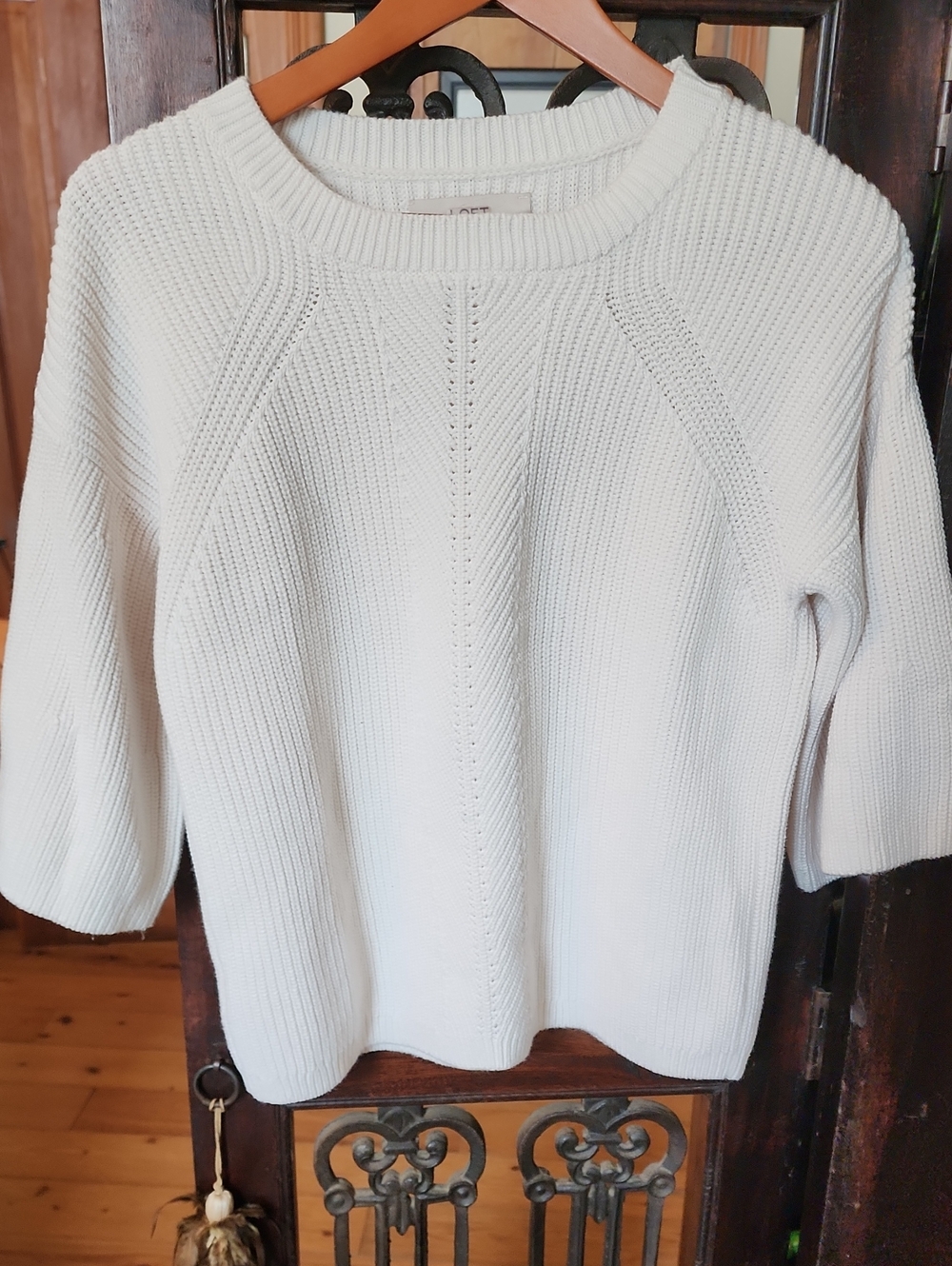 LOFT Cream Ribbed Crewneck Short-Sleeve Sweater